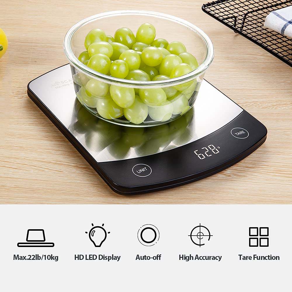 Airscale 304 Stainless Steel 1G Digital Kitchen Scale Food Scale Digital Weight Grams and Ounces 22Lb/10Kg for Baking Cooking High Accuracy Multifunctional Food Scale with LED Display Battery Included